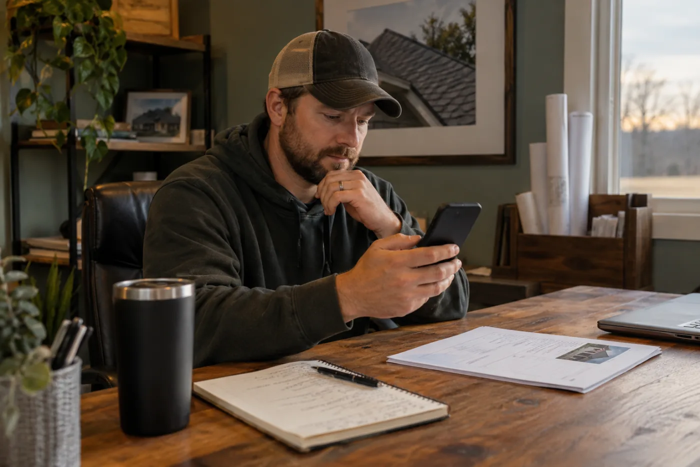 Roofing contractor reviewing a phone at a desk