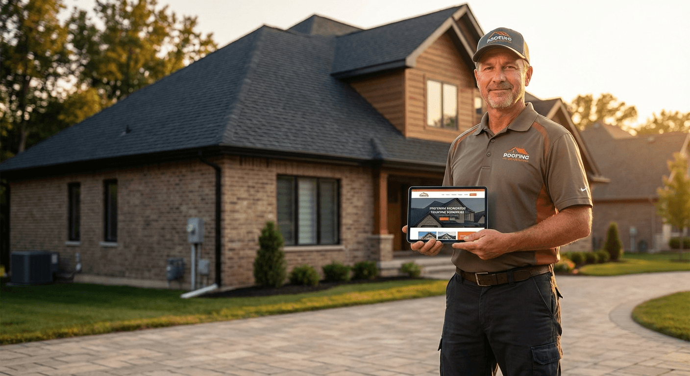 Roofing contractor reviewing website on tablet